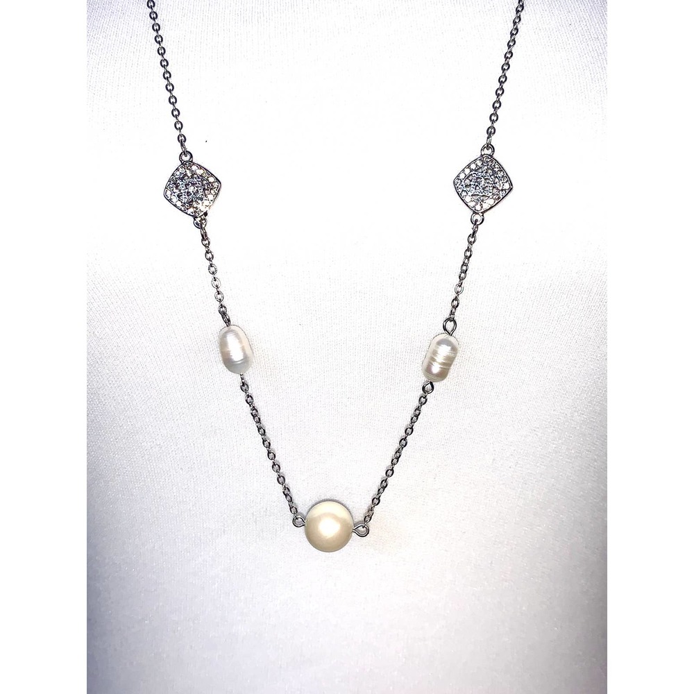 Carolee Silver Freshwater Pearl Crystal Station Statement Necklace EUC - Picture 4 of 8